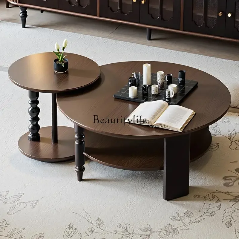 Meja kopi bundar kayu solid gaya abad pertengahan untuk ruang tamu rumah tangga apartemen kecil bergaya retro Prancis