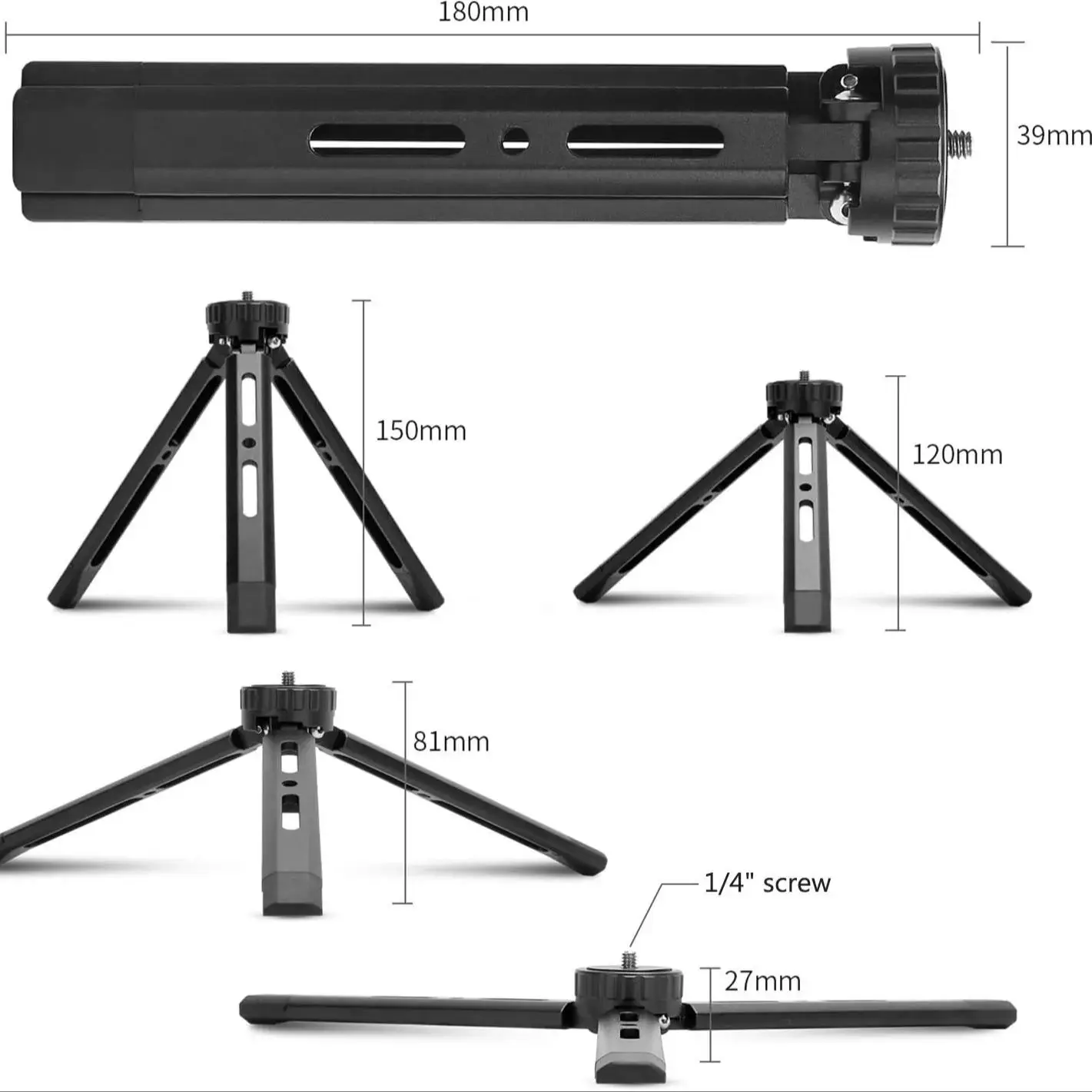 Mini Metal Tripod 4 Level Height Adjustable Desktop Stand Tripod with 1/4 inch Screw for DSLR ILDC Camera Camcorder Projector