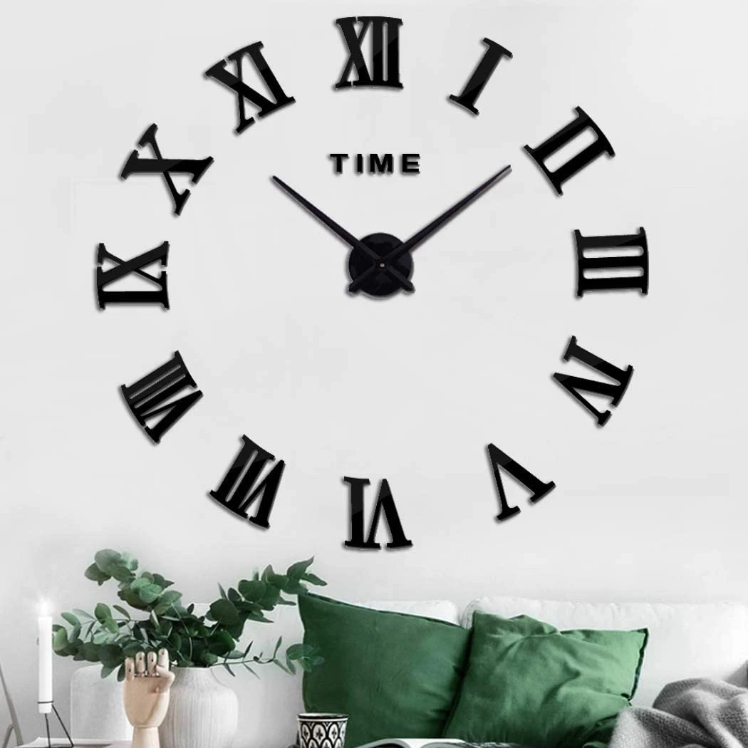 Large DIY Wall Clock Kit, 3D Quartz Clocks with Mirror Roman Number for Home Living Bedroom Office Decor,Black