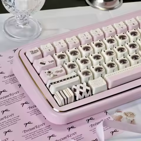 MAO Profile Cat Head Custom Keycap Set 130 Keys Pink Cat Five Side Dye Sublimation PBT Keycaps for MX Switch Mechanical Keyboard