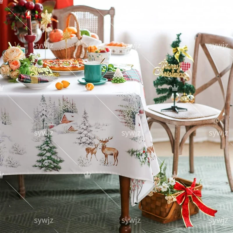 Christmas New Year Printed Tablecloth Reindeer Tabletop Decoration Table Mat for Home Holiday Party Kitchen Dining Tablecloth