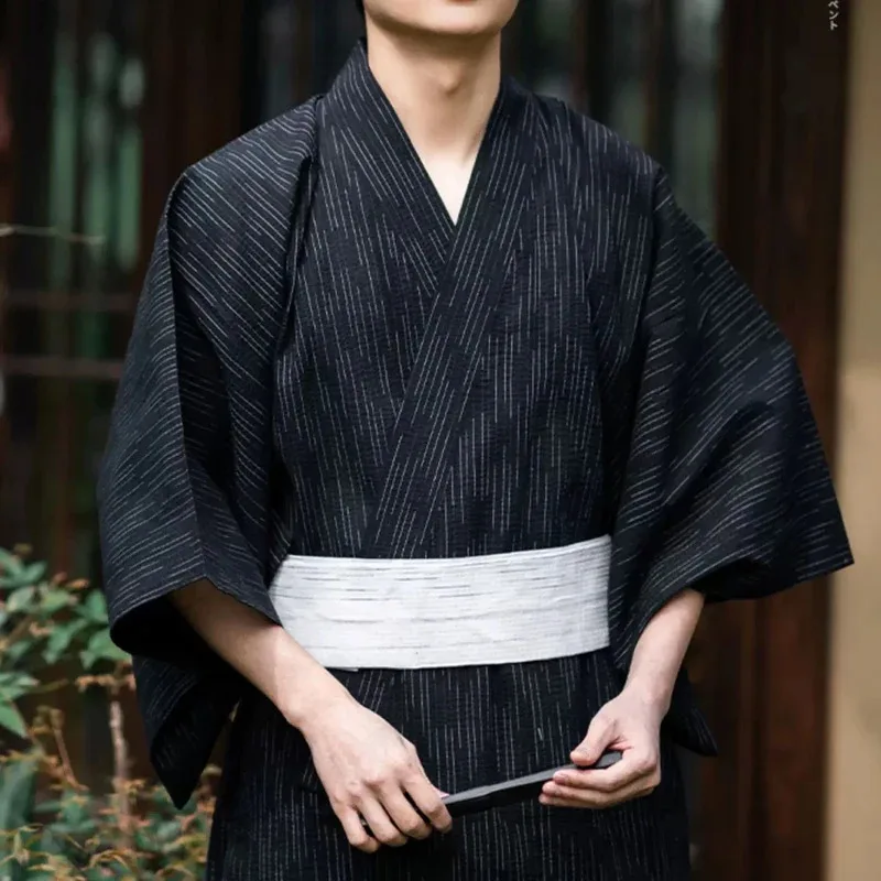 CySummer البحرية اليابانية التقليدية الساموراي كيمونو للرجال يوكاتا الاستحمام رداء Hekoobi نمط فضفاض ملابس منزلية حزام ثوب طويل القطن