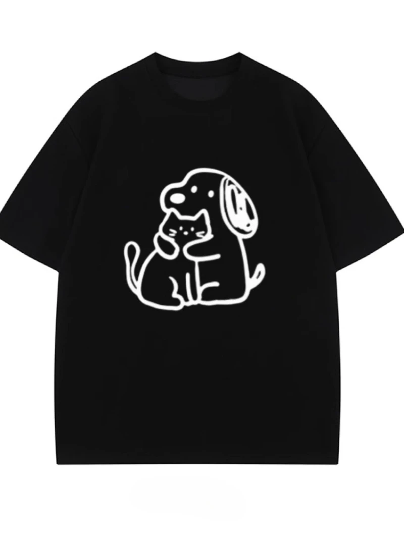 ملابس شارع فضفاضة غير رسمية بأكمام قصيرة مطبوعة بنمط كلب وقطط لطيف لصيف 2025 للرجال والنساء