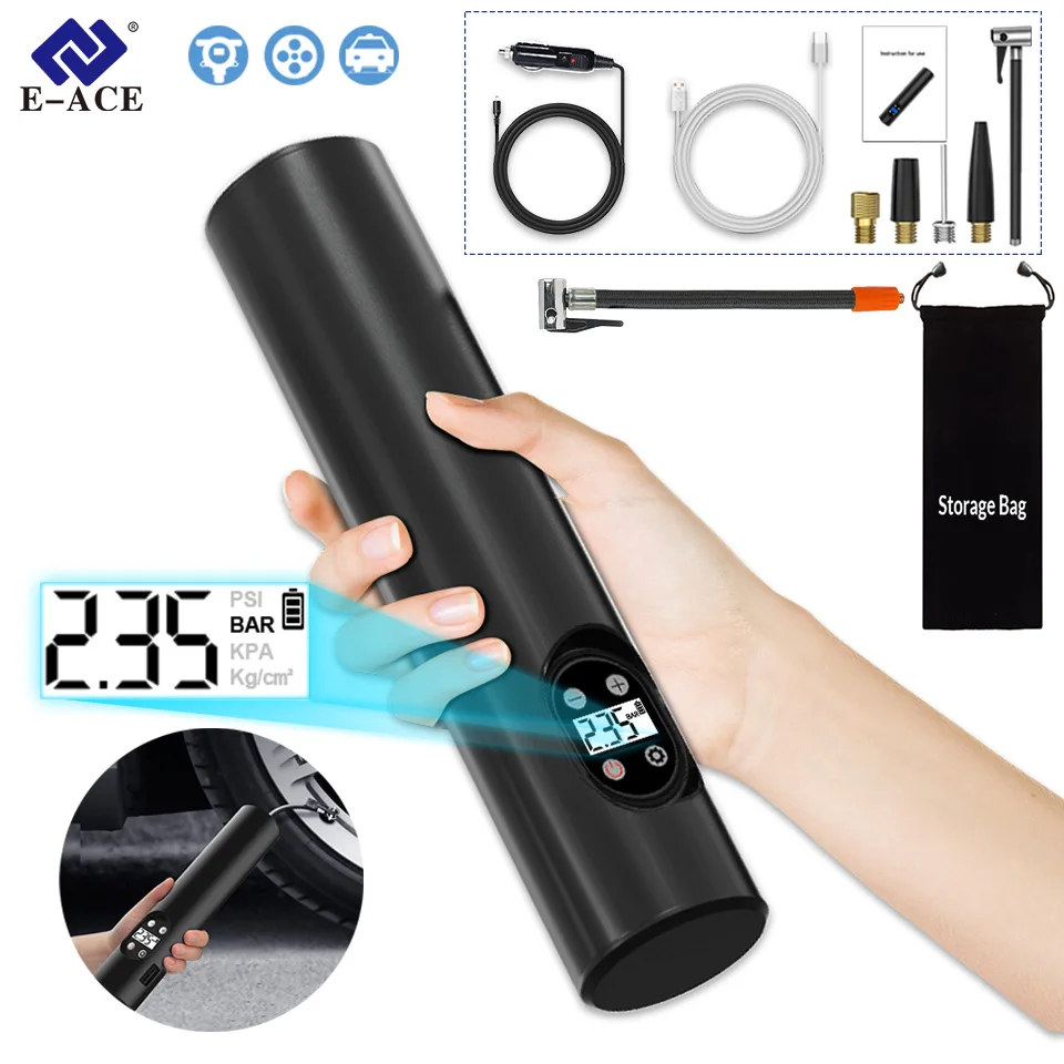 เครื่องอัดอากาศในรถยนต์ E-ACE ปั๊มแบตเตอรี่6000มิลลิแอมป์ต่อ150PSI ไร้สาย/แบบพกพา/มีสายปั๊มลมสำหรับจักรยานบอล Moto