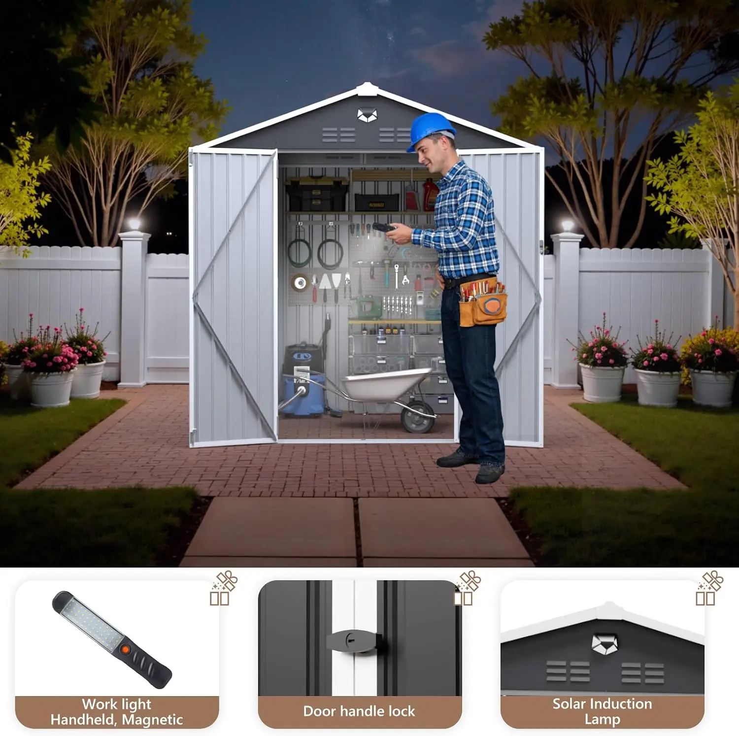 8x6 FT Outdoor Storage Shed Metal Garden Backyard Patio Bike Lawn Equipment Lockable Doors 3Beam Roof 4 Vents Free Work Light So