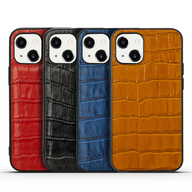 

Genuine Leather Cover For Iphone 13 12 11 Pro Max Mini Soft Black Silicone + Real Natural Cowhide Back Case Crocodile Grain