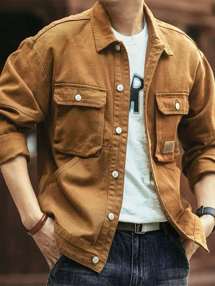 

American Retro Waed Denim Jaet Men's Heavyweight Collared Workwear Jaet Faionable Urban Sle Long Sve Breathable