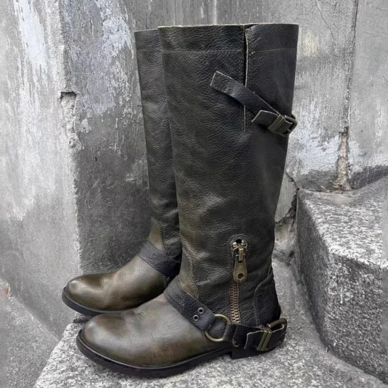 

Dark Green Vintage Long Boots Soft Leather Worn Mid Length Boots Thick Sole Wasteland Style Knight Boots Leather Belt Cool Boots