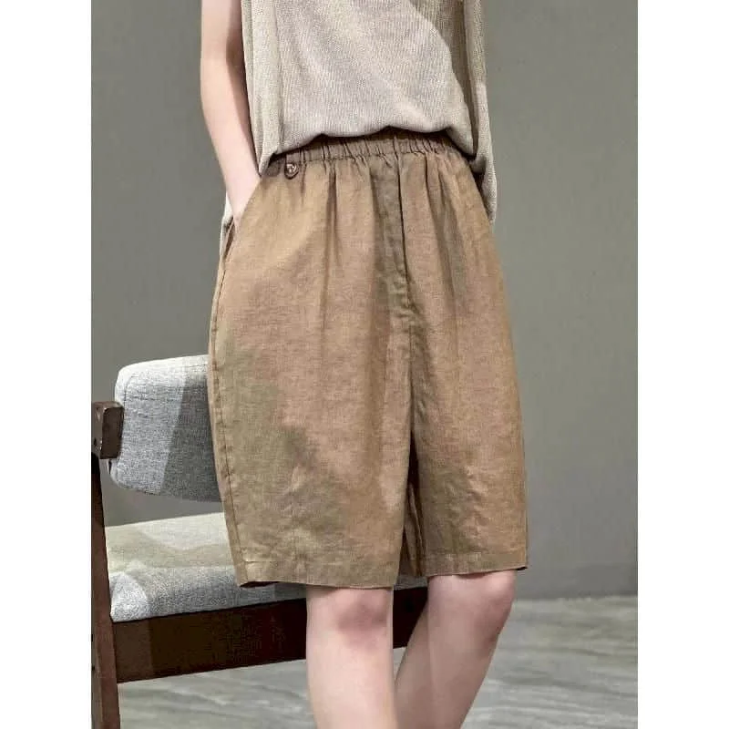 Solid Shorts Women Summer Casual Cotton Linen Straight Short Pants Korean Style Elastic Waist Five-point Trousers Women Clothing