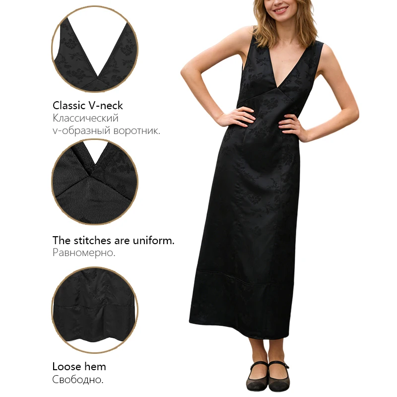 여성용 블랙 V넥 새틴 캐미솔 맥시 드레스, 은은한 플로럴 자카드가 있는 우아한 드레스, 업무 및 데이트용