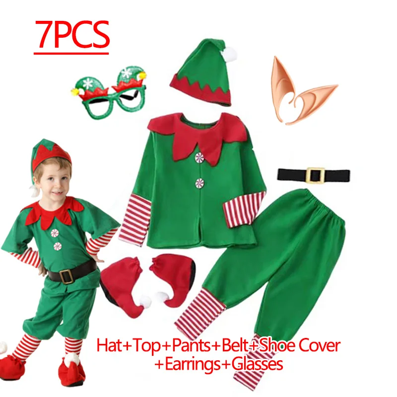 Christmas Santa Claus Costume for Girls Boys Cosplay Green Elf Carnival Party 2025 New Year Fancy Dress Kids Xmas Clothes Set