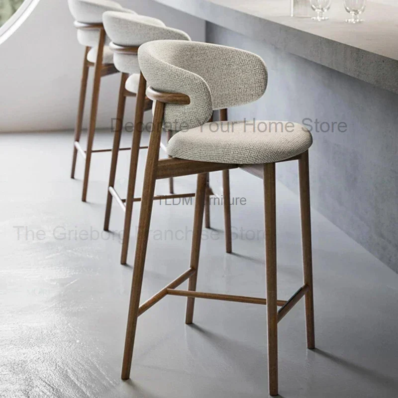 Nordic Light Luxury Solid Wood Bar Chairs Modern Home Kitchen High Bar Stools Designer Fabric Backrest Stools for Bar Furniture