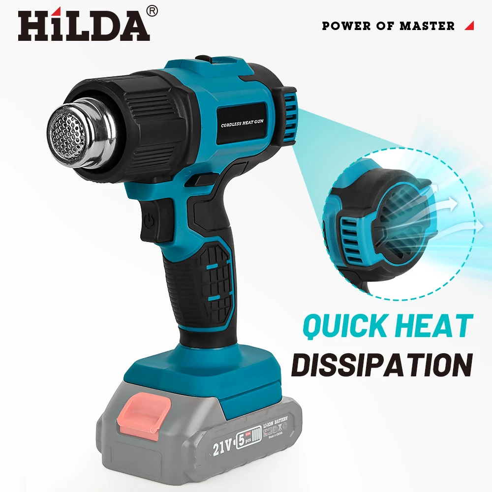 HILDA 21 فولت يده مسدس هواء ساخن درجة الحرارة قابلة للشحن اللاسلكي لبطارية ماكيتا مسدس الحرارة الكهربائية مع فوهات