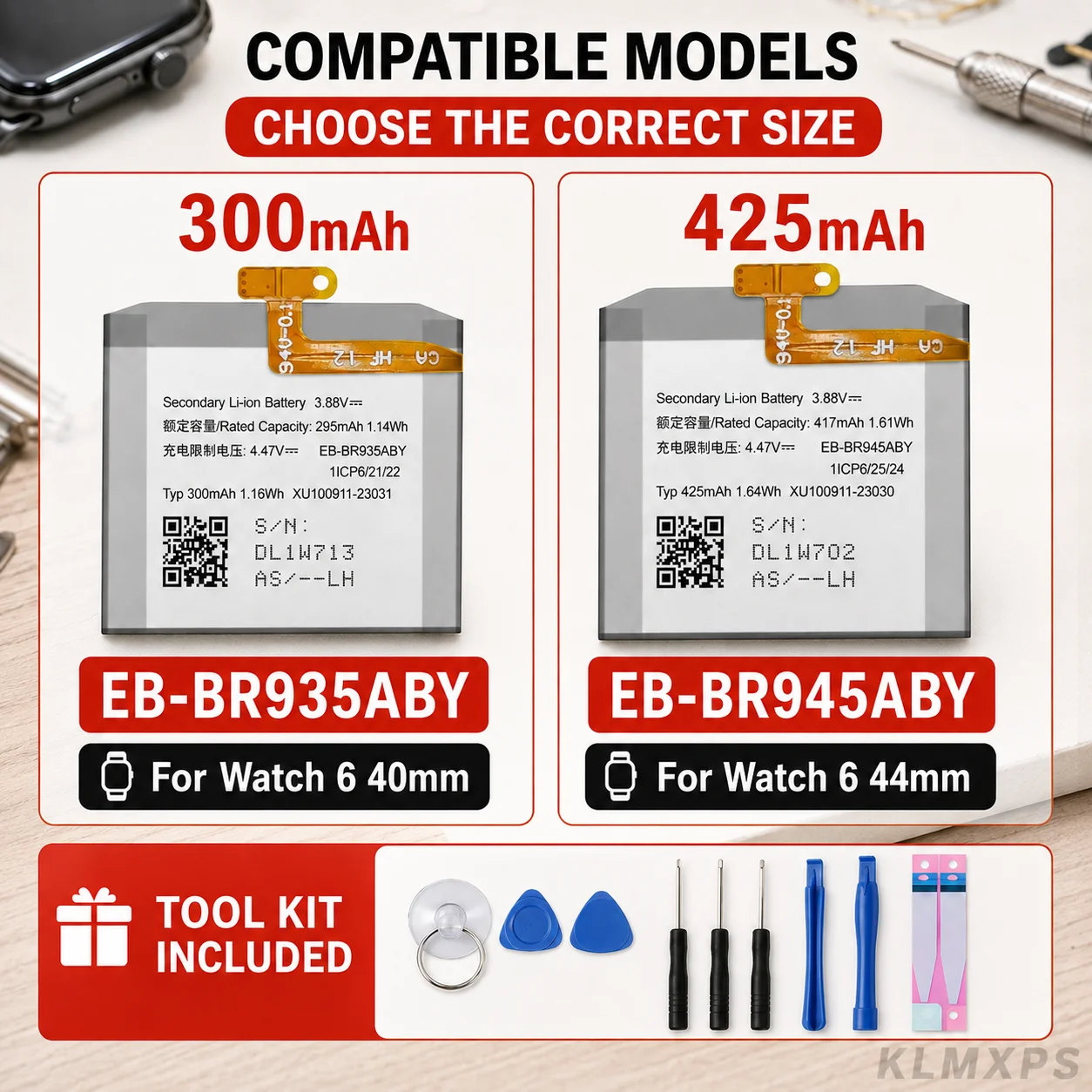 EB-BR935ABY EB-BR945ABY High Quality Battery For Samsung Galaxy Watch 6 40mm 44mm SM-R930 SM-R935 Smart Watch + Tool Kit image 3
