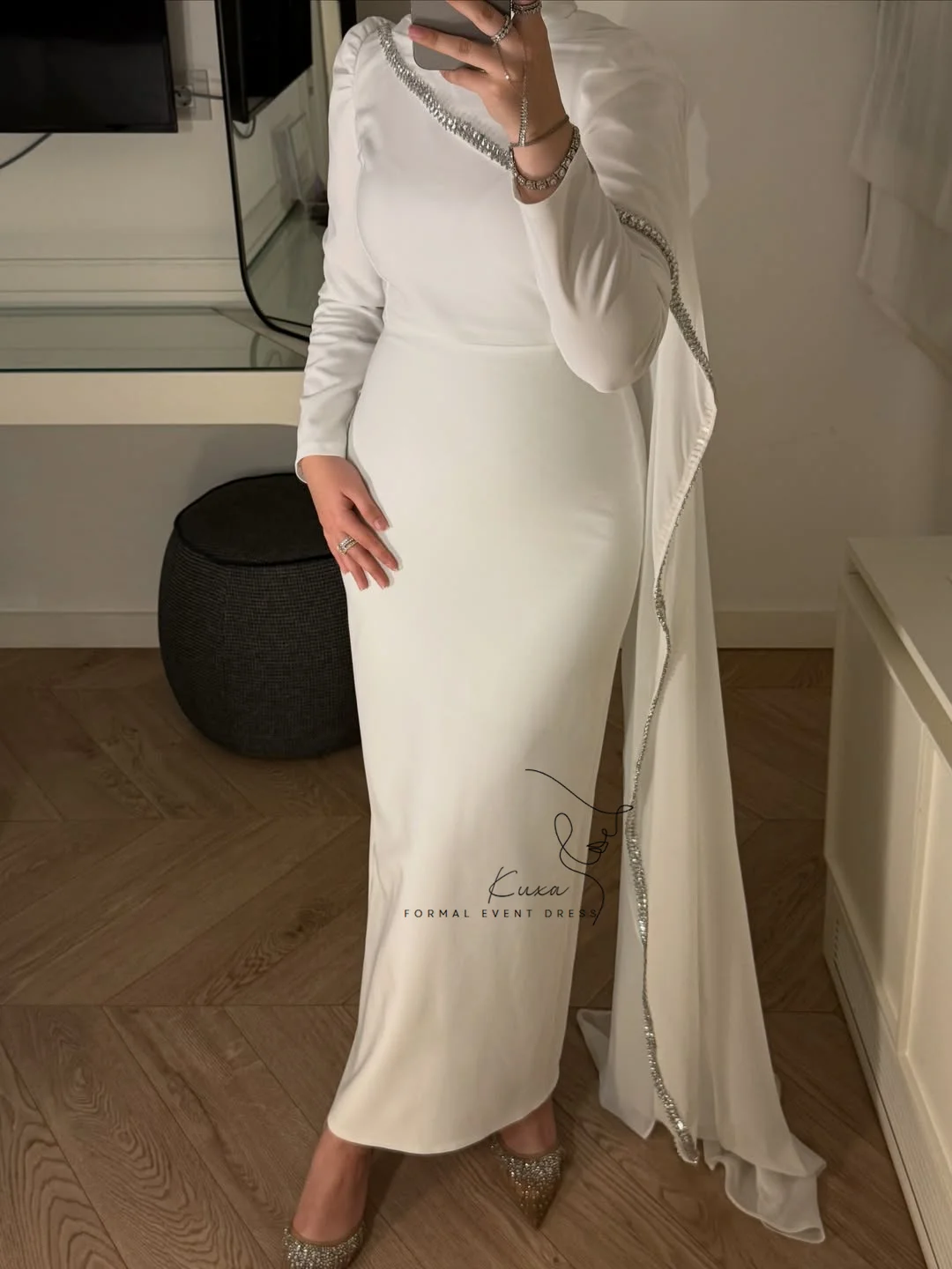 KUXA Muslim Elegant Modest Satin Sequined Wedding Dresses High Neck Mermaid Ankle-Length Shawl Bridal Gowns Customized 2026