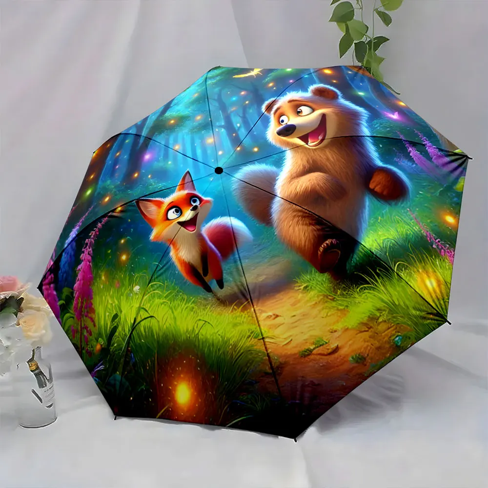 1PC Adventure Awaits: Fox and Bear in Magical Forest Print 8 Iron Ribs Folding Umbrella Auto-Open Fashion Sunshade