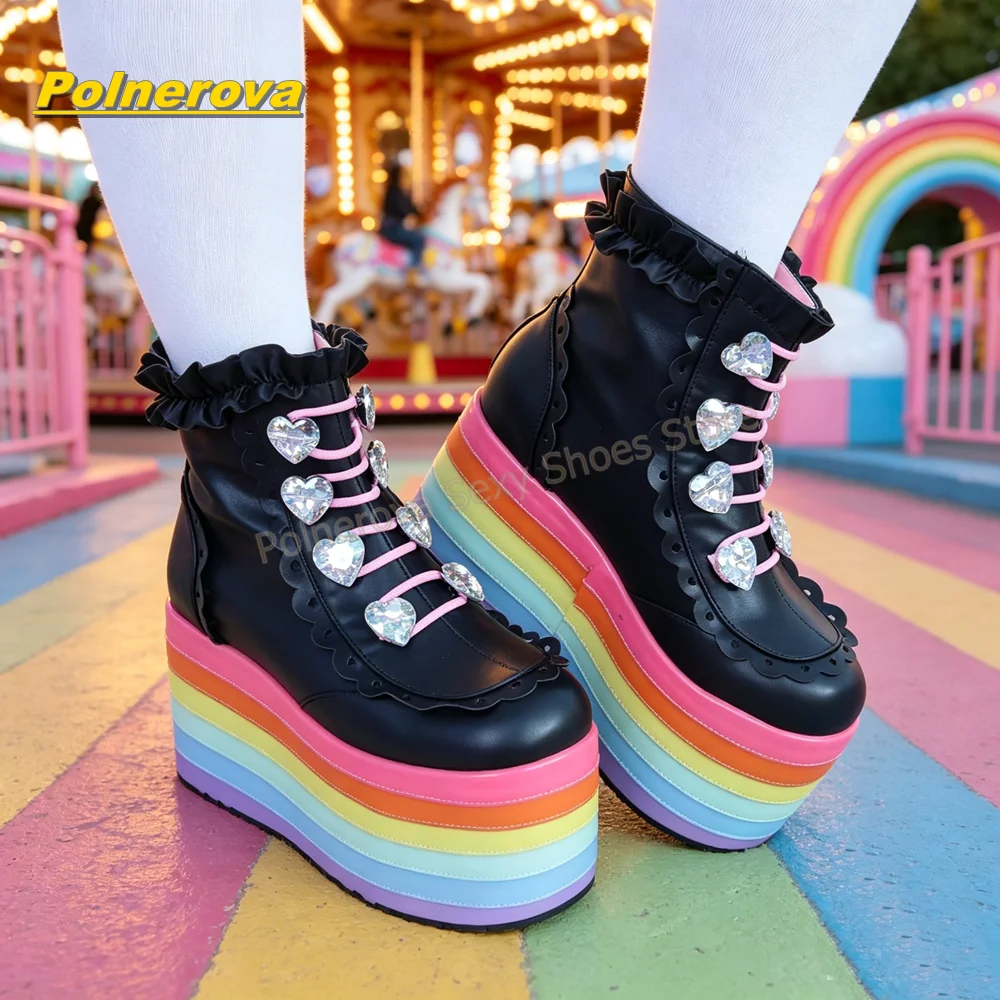 Women Ruffle Platform Mid Calf Boots Rainbow Thick Sole Rhinestone Heart Lace Up Booties Y2K Sweet Punk Street Fashion Footwear