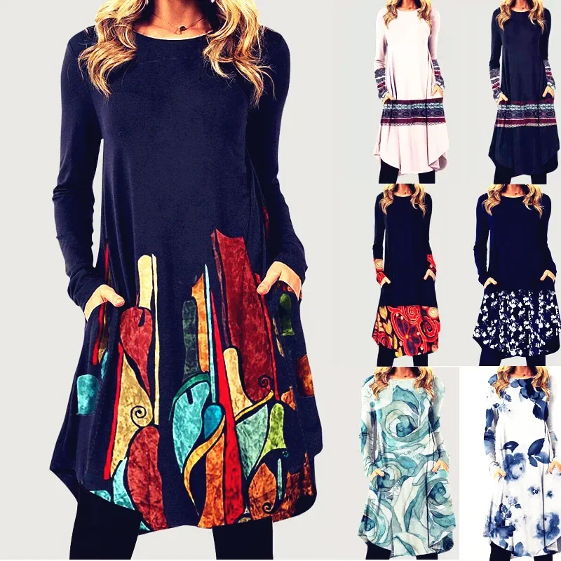 

Women Loose Vintage Ruffles Pocket Winter Dress 5XL Printed Full Long Sleeve Spring Boho Casual Party Dresses