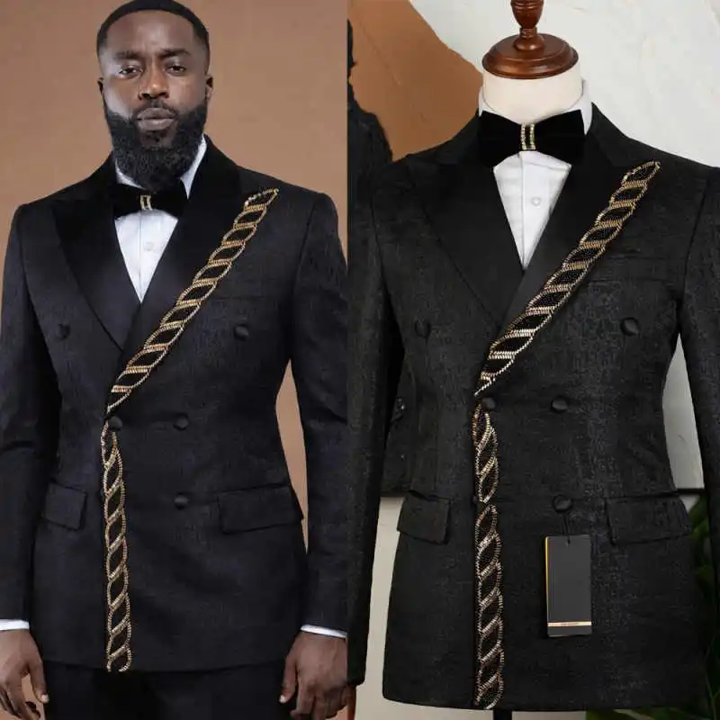 

Luxury Jacquard Men's Suits Double Breasted Peaked Lapel Groom Wedding Tuxedos Beading Dinner Party 2 Pieces Customized