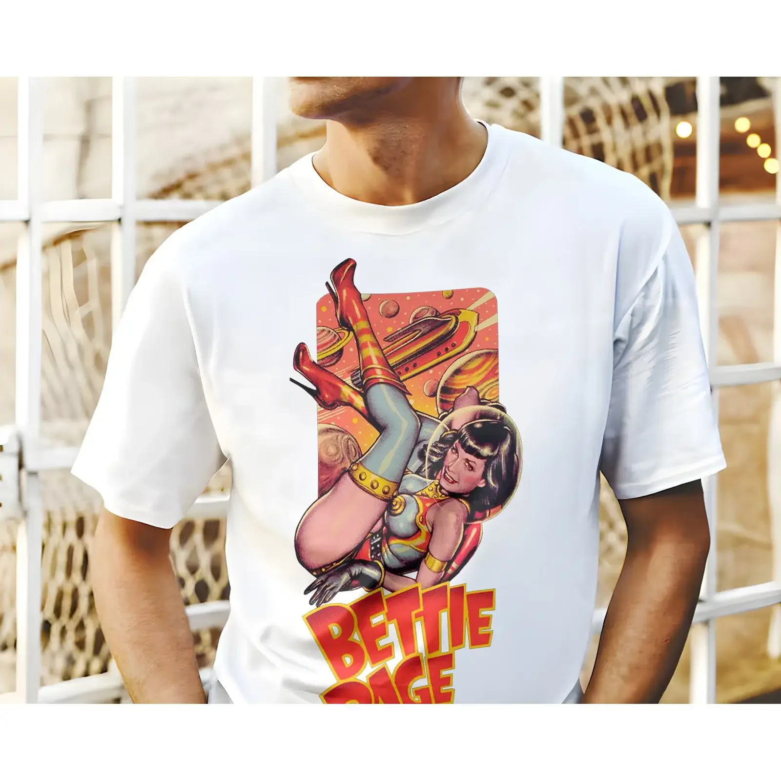 Bettie Page Retro Sci Fi Pin Up Girl T Shirt Vintage Space Funny vintage Washed graphic Stylish Stretched streetwear Casual