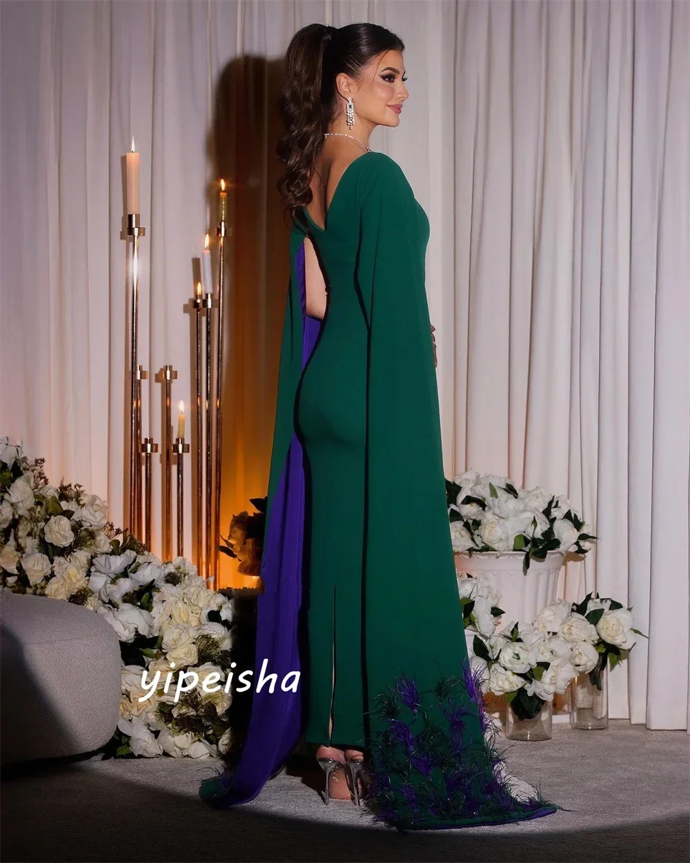 Vestido de noche personalizado de Arabia Saudita, Jersey de plumas para fiesta, corte en A, cuello redondo, vestido para ocasión a medida, vestidos