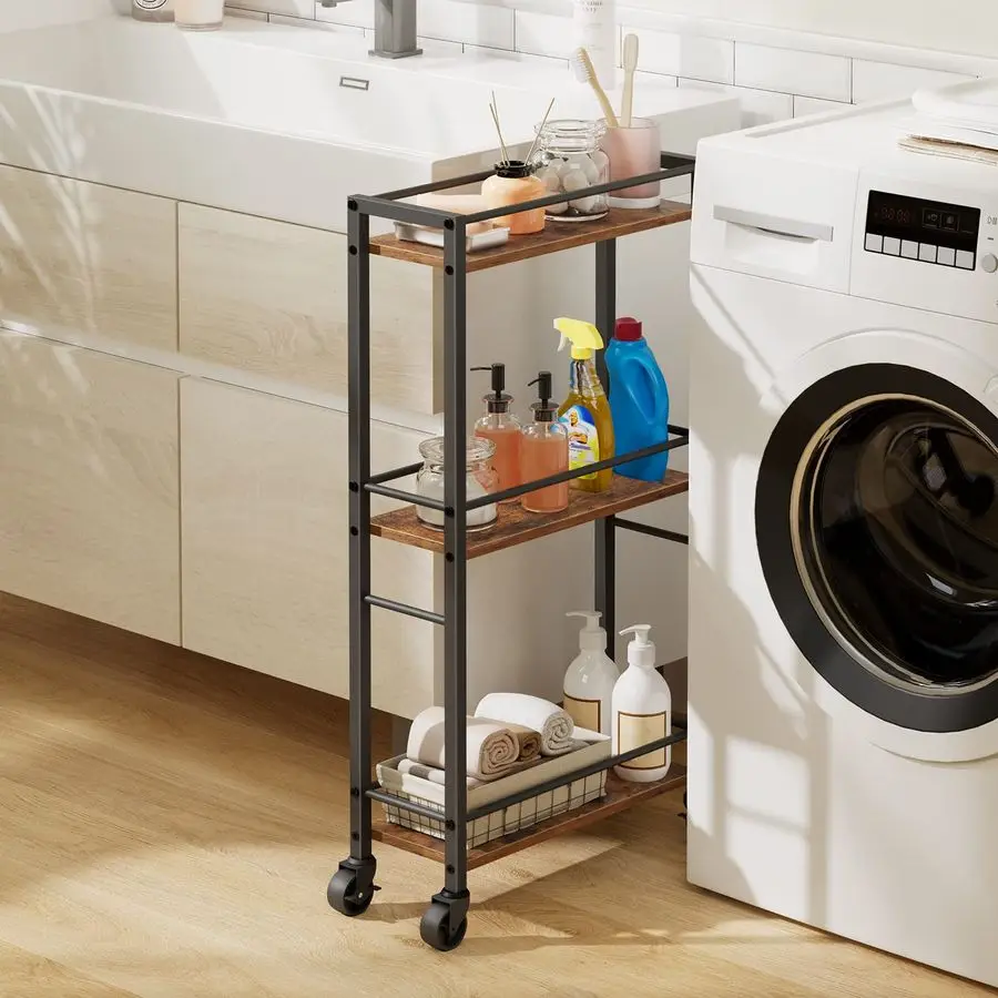 

Rolling Cart, Mobile Kitchen Cart on Wheels, Narrow Storage Cart for Small Space, Wooden Service Cart, for Bathroom, Laundry, Li