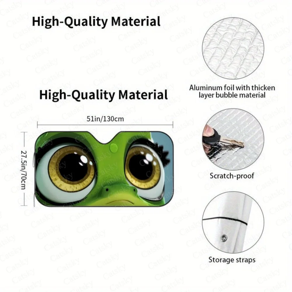 Adorable Frog Face Sunshade For Car Windshield, Cute Cartoon Design With Big Eyes And Green Light Beige.