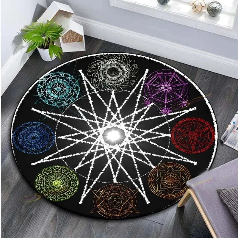 Mystic Magic Circle Round Rug Alchemy Sigil Print Floor Mat Gothic Home Decor for Living Room Bedroom Game Area Indoor Space