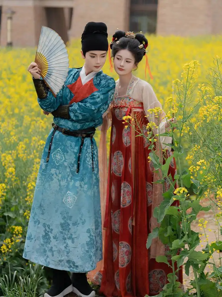 

New Chinese ancient Tang Dynasty style Han Fu CP couples elegant temperament round collar robe cosplay party clothes