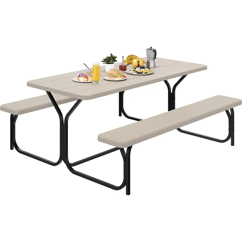 6ft Outdoor Picnic Table with Wood-Like Tabletop, Sturdy Steel Frame and Umbrella Opening, Heavy Duty Picnic Table Ideal