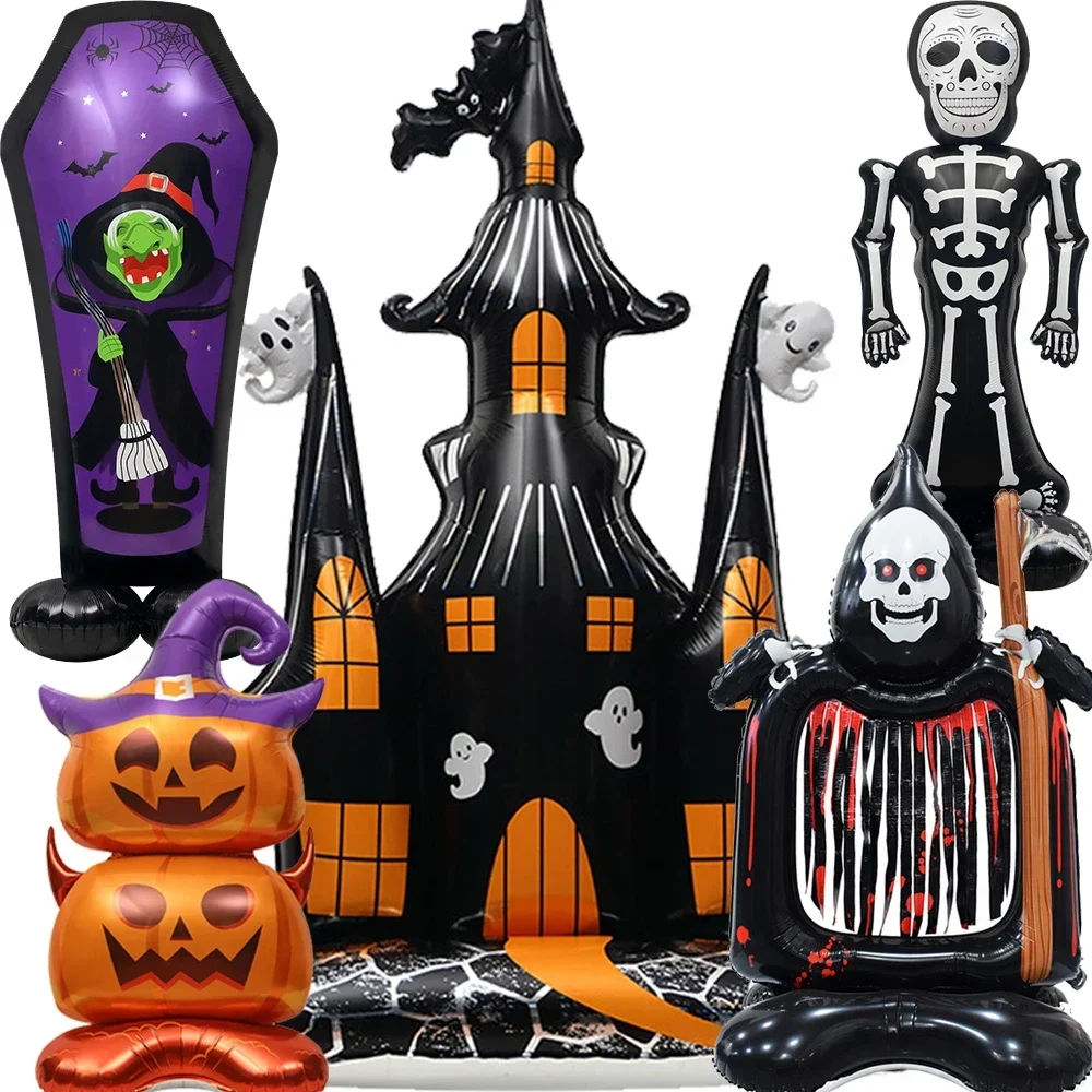 1 Pcs Halloween Self Inflating Foil Balloons Spooky Castle Skeleton Pumpkin Foil Balloons For Halloween Celebration Party