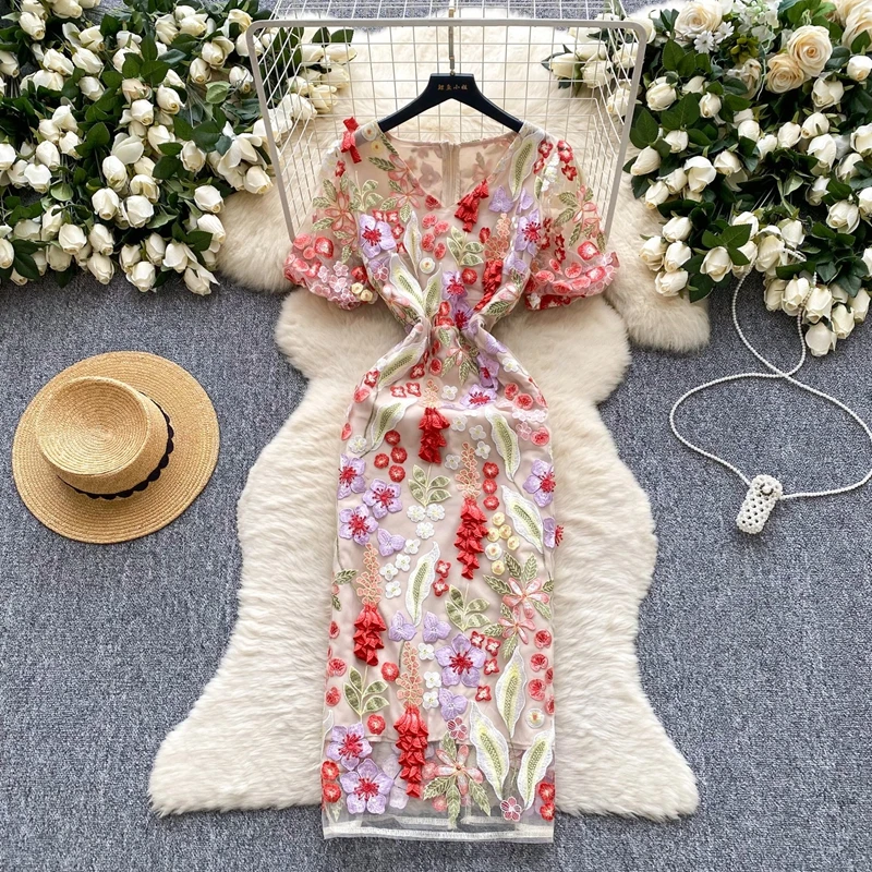 

French High-End Elegant Heavy Embroidery Mesh Dress Summer Women Bubble Sleeves Slim Long Dress