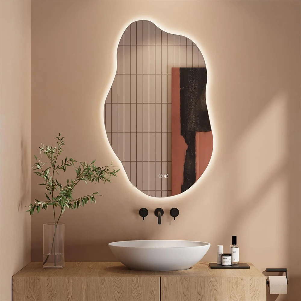 Miroir de salle de bain LED, asymétrique, interrupteur tactile, à intensité variable, 3 CCT, miroir de salle de bain réglable avec éclairage, anti-buée, 85 x 52 cm
