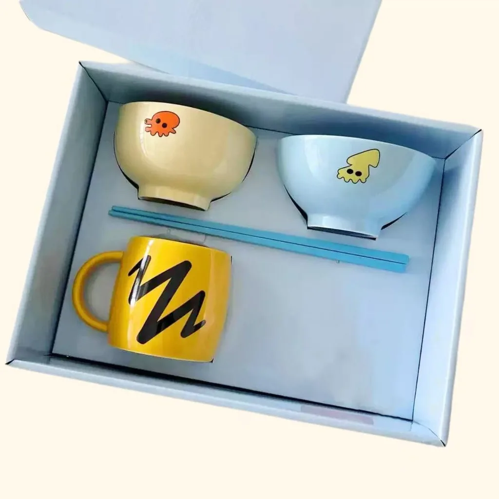 Crayon Shinchan Ceramic Tableware Set 4pcs Bowl Mug Chopsticks Gift Box Anime Cute Octopus Ghost Pattern Kitchen Dinnerware