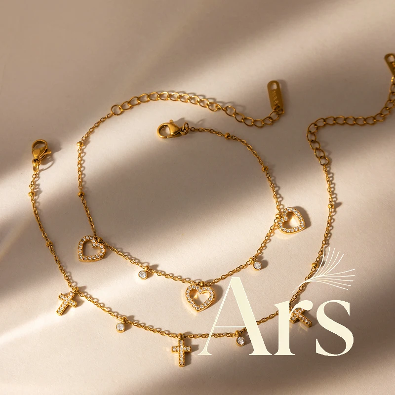 Ars Stainless Steel Chain Bracelet 18k Gold Plated Heart Cross Charm Bracelet with Zircon Non Tarnish Bracelets Gift for Women