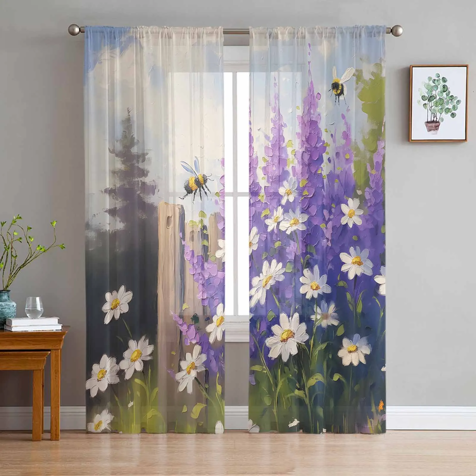 

Oil Painting Purple Lavender Daisy Garden Bees Sheer Curtains for Living Room Modern Decor Tulle Curtain Bedroom Voile Drapes