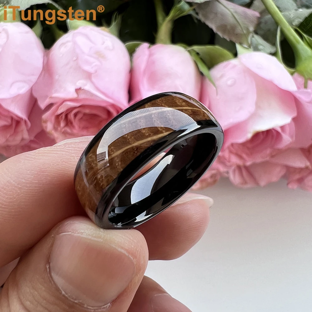 ITungsten 8mm Cool whisky Barrel anello in legno di quercia fede nuziale di fidanzamento in tungsteno per uomo donna Domed lucido Comfort Fit