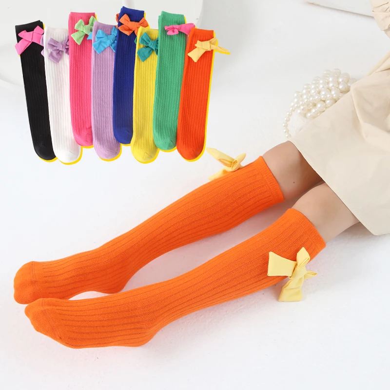 Princess Kawaii Socks For Baby Kids 3D Contrasting Colors Big Bow Knot Long Socks Cute Cartoon Girls Over The Knee High Socks