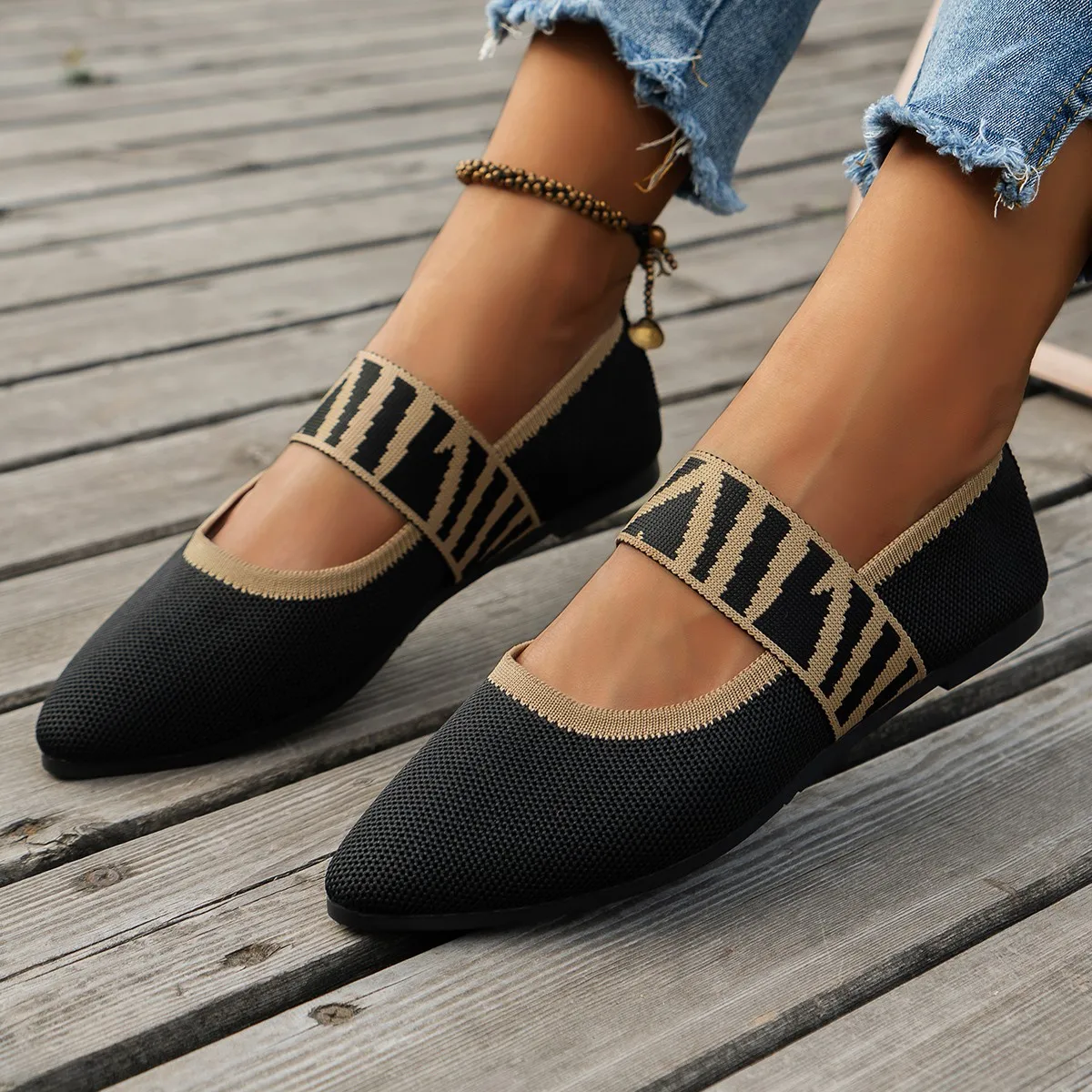 

Vintage Knit Ballet Flat Woman Fashion Point Toe Loafers Ladies Designer Style Ballerina Shoes with Embroider Belt Flat Shoes