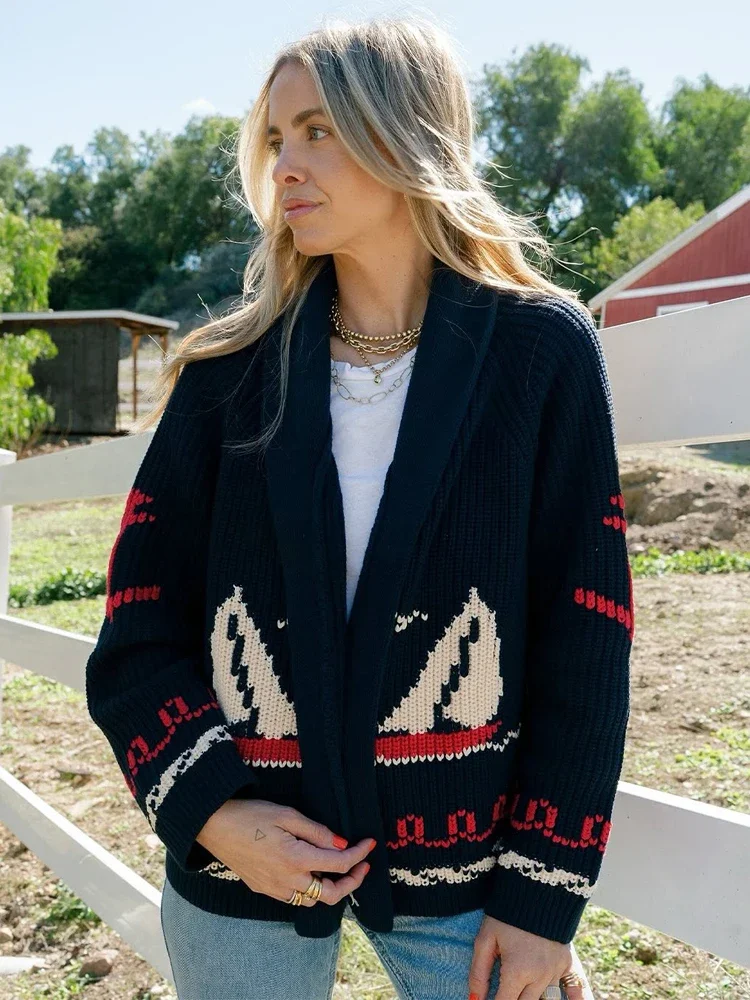 Vintage Knit Cardigan Navy Blue Nautical Long Sleeve Women Loose Shawl Collar Daily Knitted Coat New Autumn Warm Outerwearf