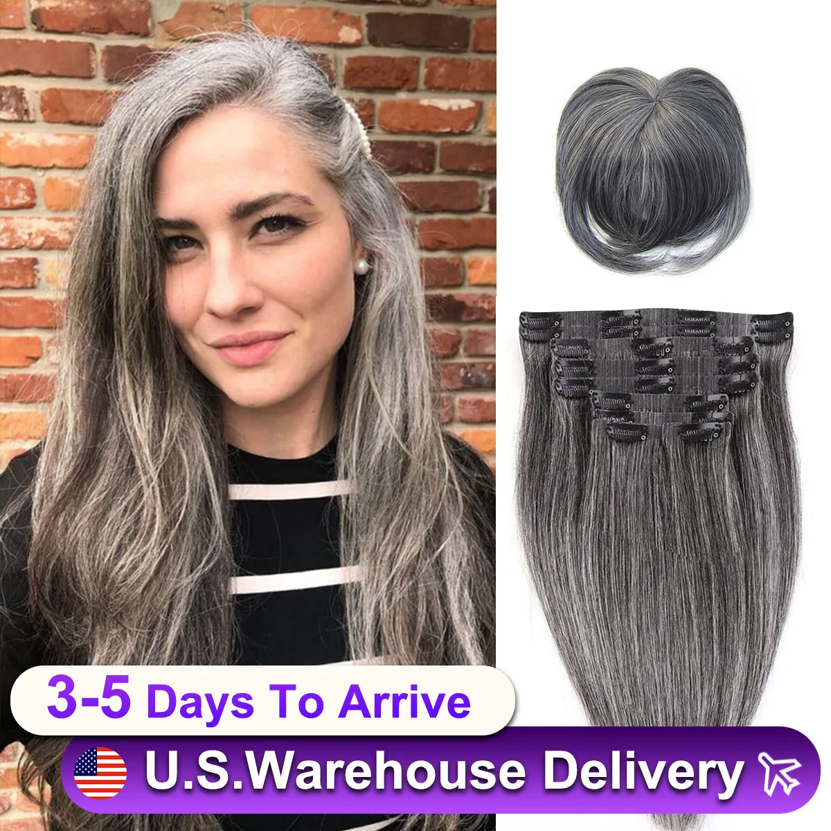 Extensiones de cabello humano con Clip de PU sin costuras para mujer, cabello humano liso, trama de piel, Color de cabello gris, Clip Ins, cabello humano