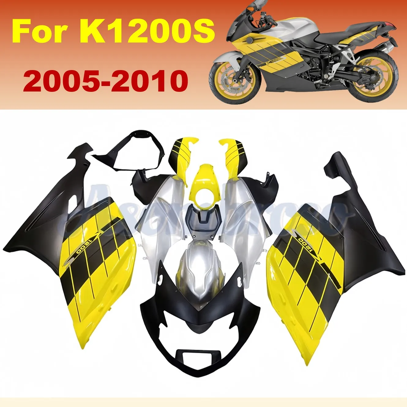 ABS Plastic Replacement fairing kit for K1200S 2005 2006 2007 2008 2009 2010 yellow silvery black body shell cover fairings