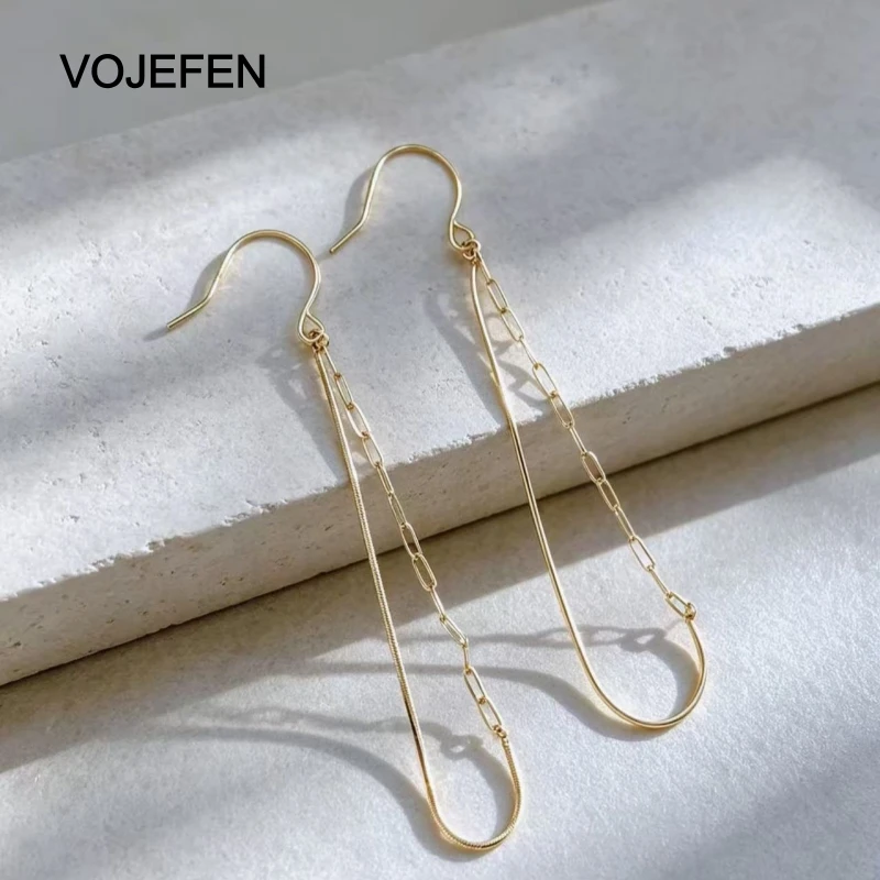 VOJEFEN 18K gold original Minimalist Long Line Earrings Snake Bone Mixed Double Chain Dangle Earing Hook Fashion Jewelry Ladies