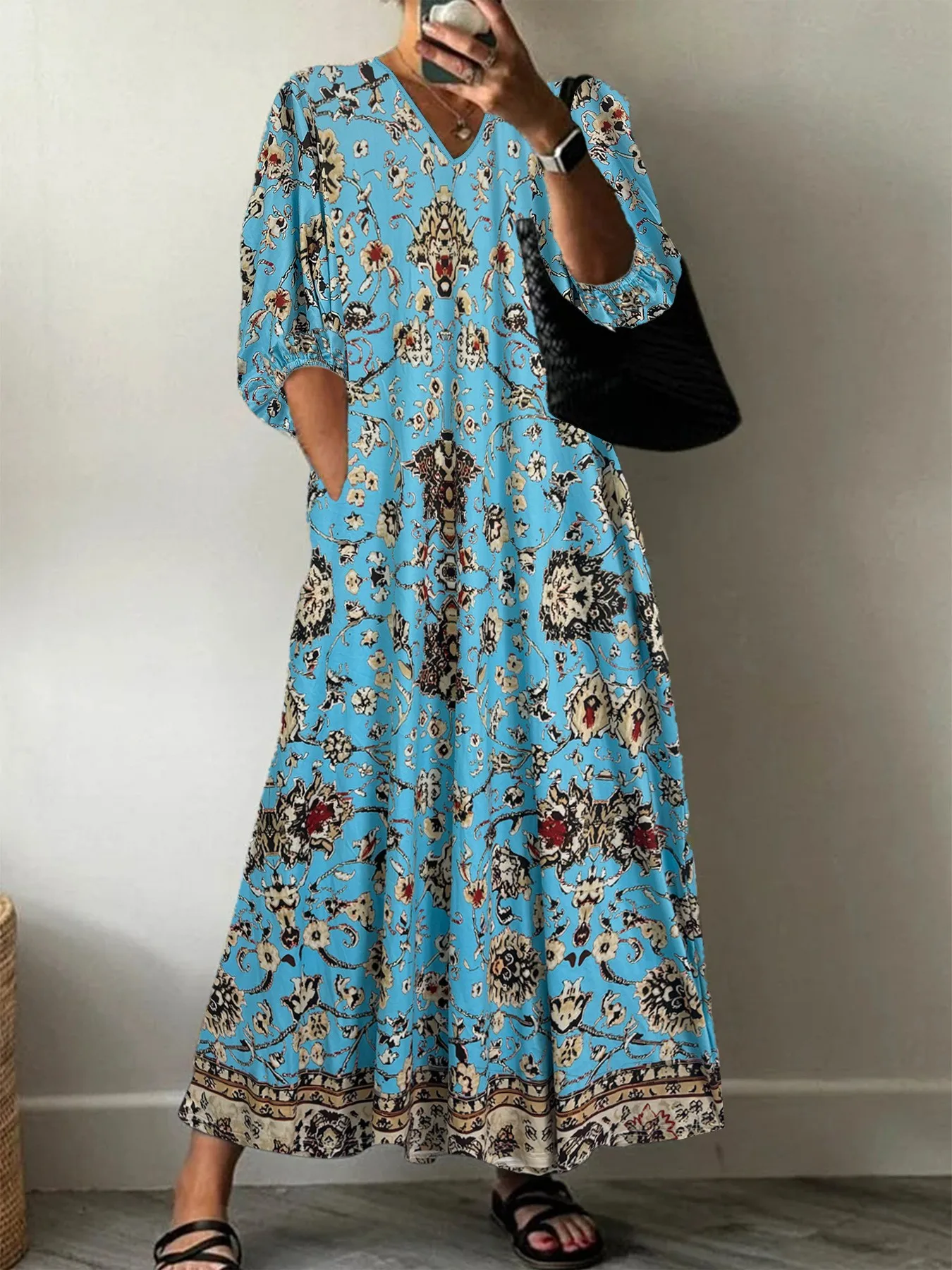 Primavera e outono vestido feminino moda casual com decote em v meados de manga floral macacão vestido longo