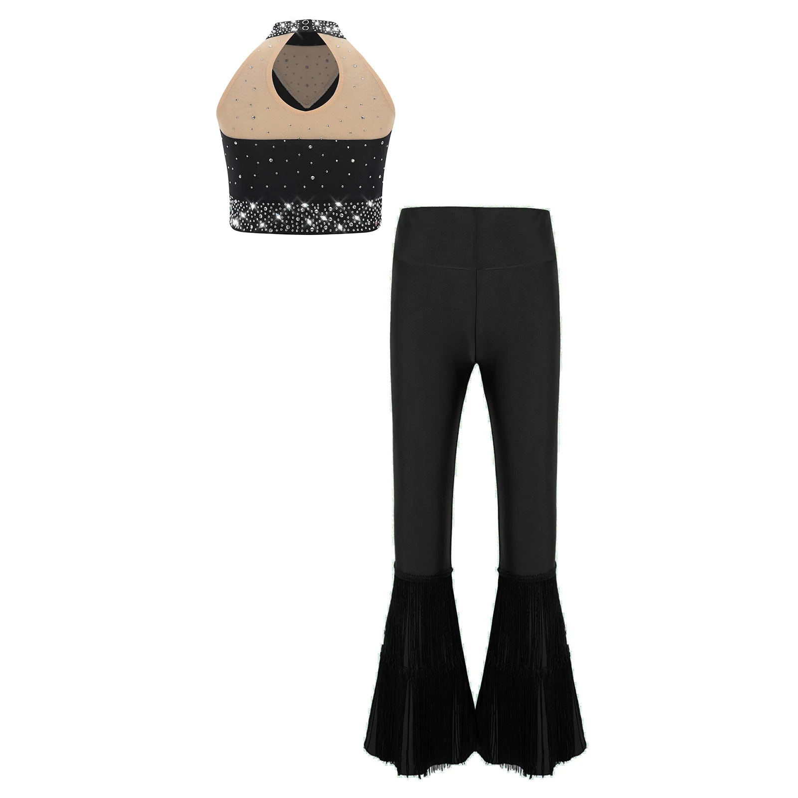 Girls Latin Performance Costume Modern Dance Outfit Sleeveless Fringe Rhinestones Dance Vest with Tassel Bell-Bottom Pants Sets
