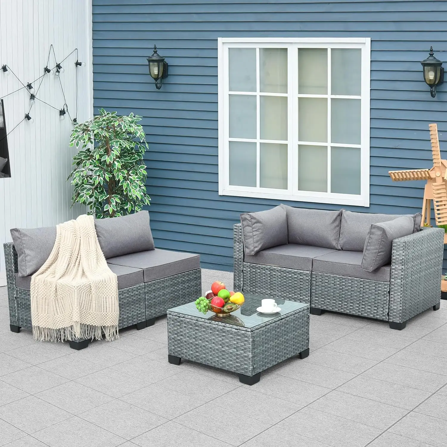 

5-Piece Patio Rattan Furniture Set Outdoor PE Wicker Conversation Couch, Grey Rattan Sectional Sofa with Coffee Table & Cushion