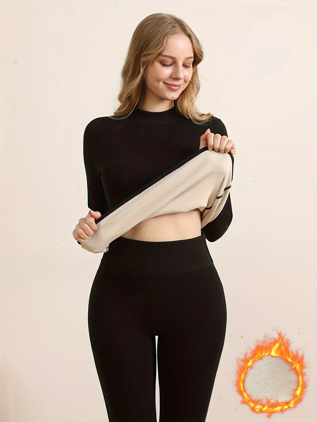 Autumn and Winter Women's Fleece-Lined Thermal Underwear Set, High-Neck Comfortable Long-Sleeve Top and Pants Two-Piece Set view 4