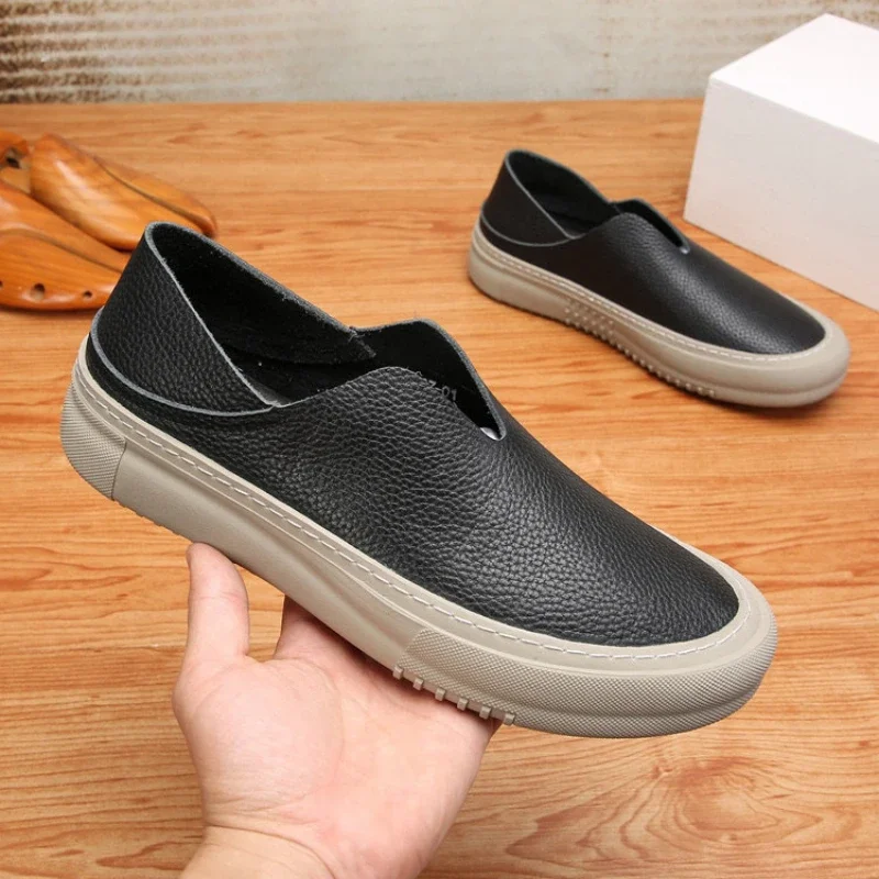 

Spring Autumn Genuine Leather Soft Sole Casual Shoes Breathable Lazy Driving Loafers British Style Male Designer Flats Black