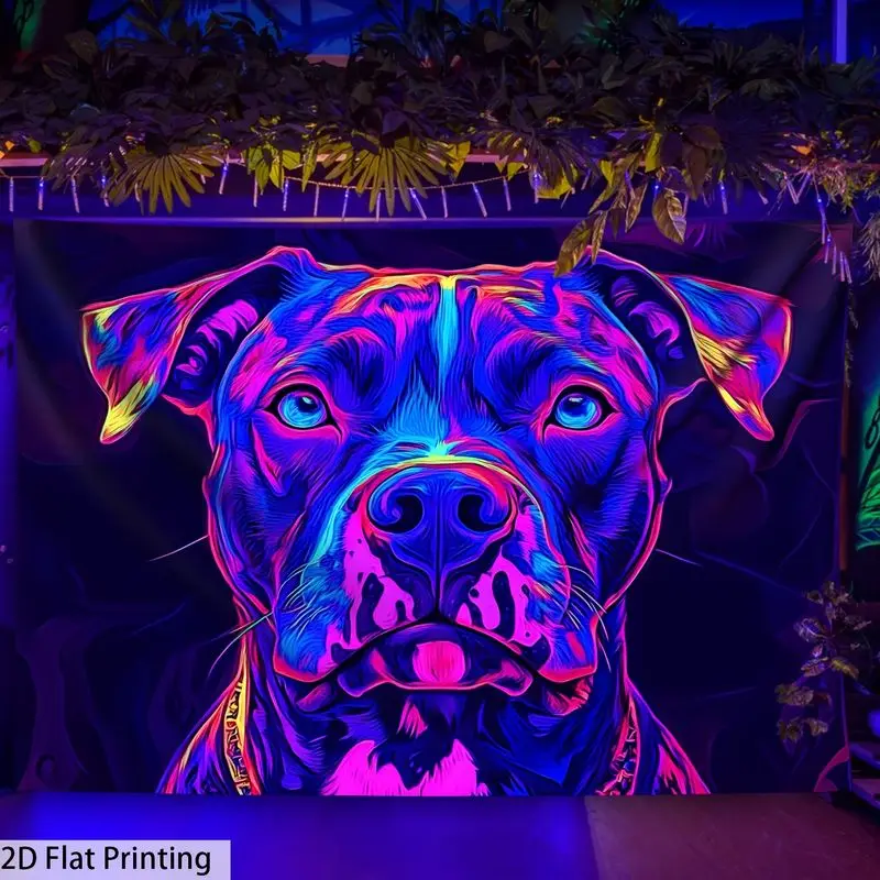 VIKAMA Blacklight Dog Tapestry Neon Blue Pink Pitbull Portrait Wall Hanging UV Reactive Cute Indie Dorm Room Art Decor