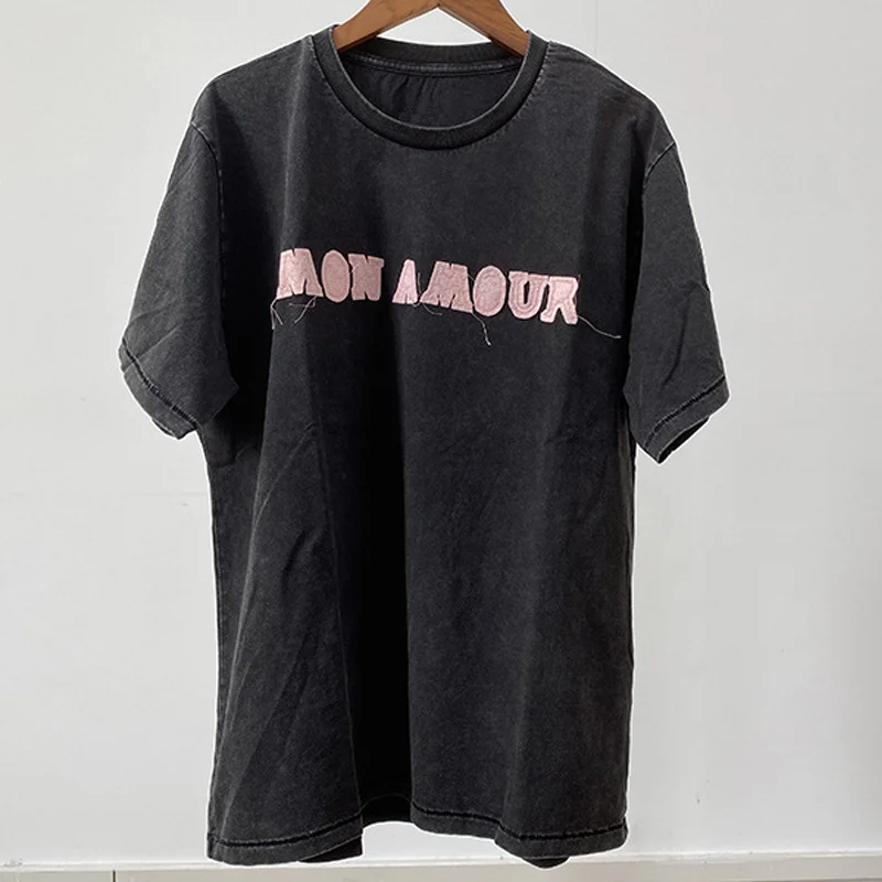 

Черные футболки, женские розовые футболки с вышивкой букв, хлопковая футболка с круглым вырезом, женская футболка, топы с короткими рукавами, футболка с аппликацией